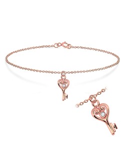 Rose Gold Plated Rhinestone Key Shape Silver Bracelet BRS-45-RO-GP